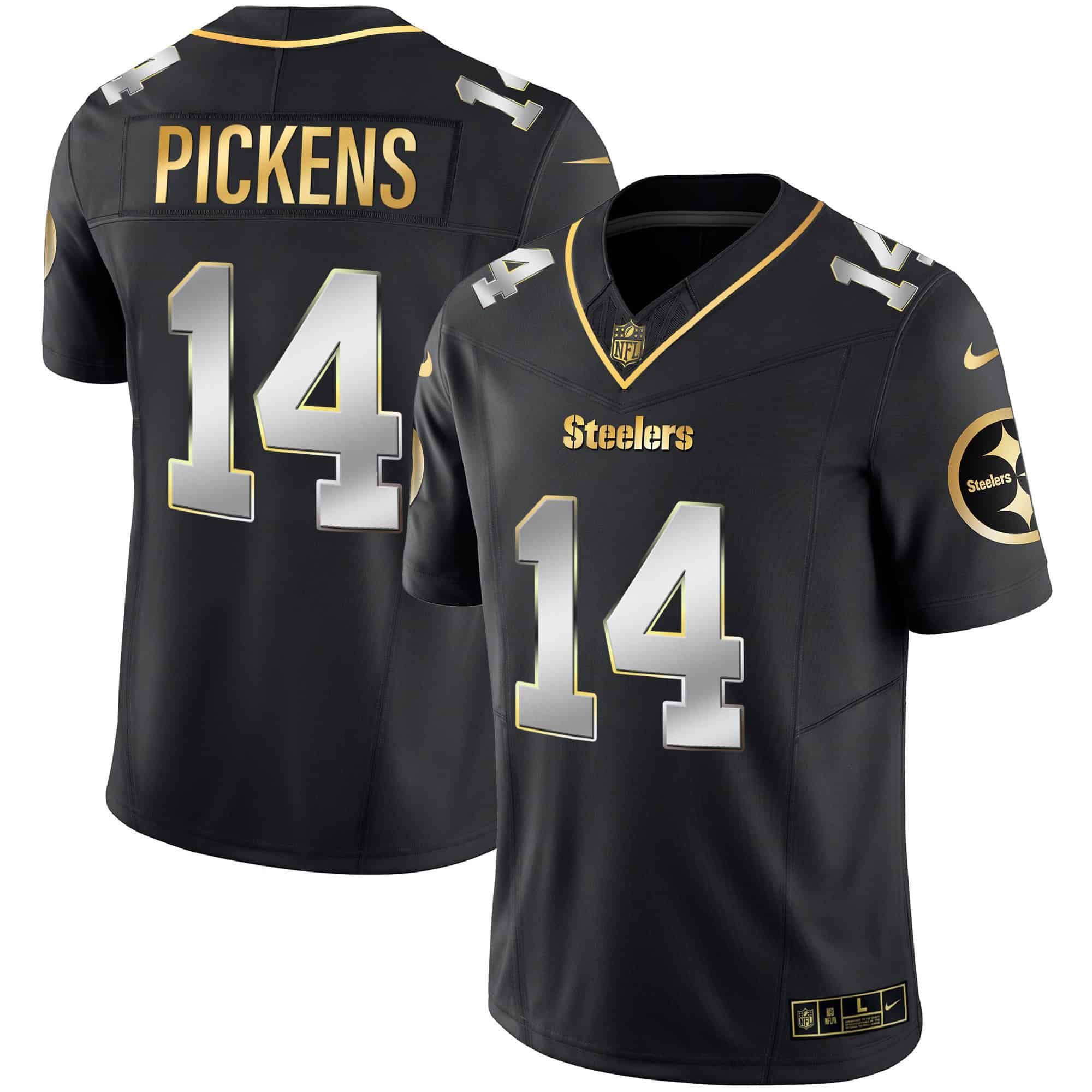 Men Pittsburgh Steelers #14 Pickens Black Gold 2024 Nike Vapor Limited NFL Jersey style 1